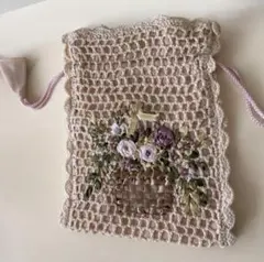 vintageヴィンテージレトロpink刺繍かぎ針編みレース巾着ポーチ