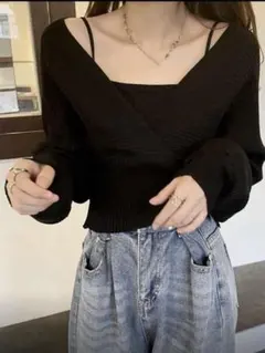 【新品】ブラック リブ 長袖 ニット 重ね着風