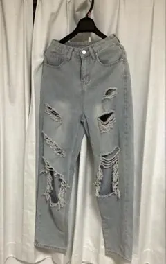 ダメージ加工 グレー ハイウエストデニム