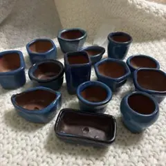 ミニ盆栽鉢 豆鉢 14点セット ブルー釉 多肉植物鉢 苔盆栽 ミニミニ鉢 陶器のサムネイル