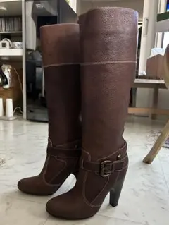 ブラウン ロングブーツ バックル付き 高ヒール