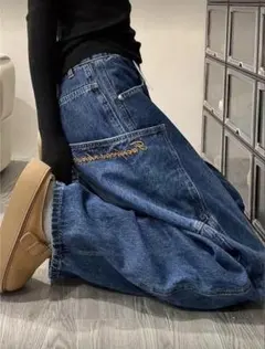 ワイドレッグデニムパンツ ダークブルー