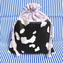 フリル巾着 牛柄とチェック柄切替