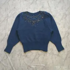 80s 薔薇刺繍 レース ニット セーター ダークブルー 地雷、ビジュー、Y2K