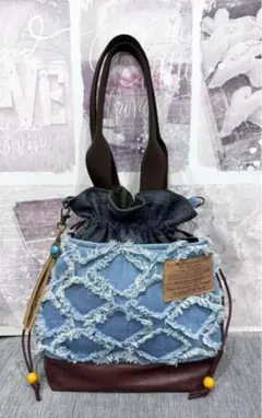 ☆セール☆デニムリメイク　巾着トートバッグ／菱形クラッシュデニム