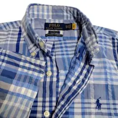 ポロラルフローレン XS ギンガム 半袖シャツ シアサッカー 青 白