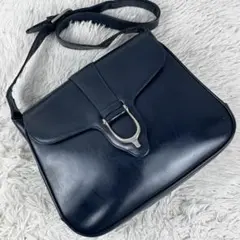 美品 グッチ レザー ショルダーバッグ 馬蹄 ロゴ型押し フラップ ネイビー