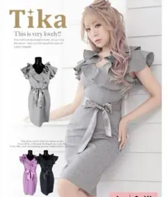 【新品未使用】Tika フリル付きグレーのドレス L