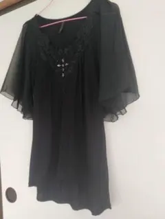 黒 シースルー レース ブラウス チュニック 五分袖