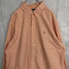 ラルフローレン　ポニー刺繍　チェック柄　長袖BDシャツ　サーモンピンク2XL