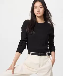 ユニクロ　ソフトリブクルーネックT　黒　L