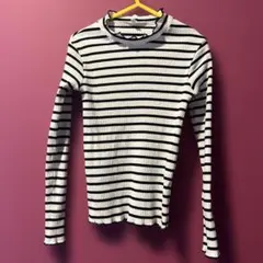 GU キッズ　リブ長袖トップス　120cm 白×黒ボーダー