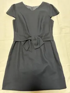 ひざ丈ワンピース フレンチ袖　ウエストリボン　濃紺　L