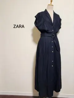 ZARA ザラ リネンレーヨン混紡 ベルト付き大人シャツワンピース 黒 海外S