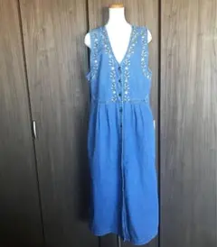 ヴィンテージ 90s 海外古着　デニム 花刺繍　マキシ　ロングワンピース