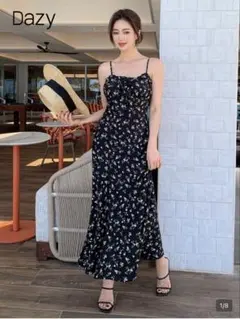 ブラック フラワープリント キャミワンピース