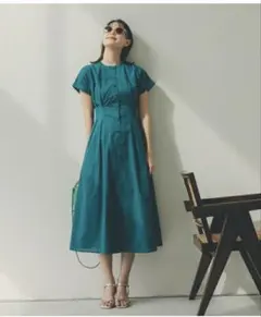 コットンボイルウエストタックボタンワンピース