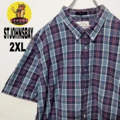 USA古着 ST.JOHN'SBAY　半袖ボタンシャツ2XL　ライトブルーレッド
