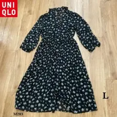 美品❗️『ユニクロ』 シフォン プリーツ ワンピース【L】黒 花柄