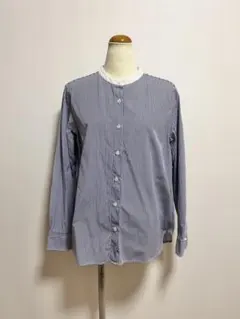 無印良品/バンドカラーストライプシャツ XL ネイビーのサムネイル