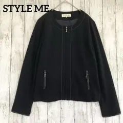 【STYLE ME】フルジップアップノーカラージャケット　パイピング　黒オフィス