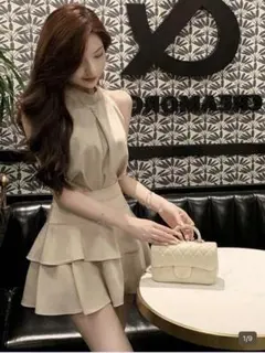 shieinベージュ ノースリーブ ミニワンピース フリル