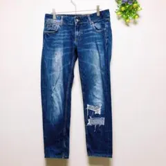 ZARA ザラ【34】ダメージ加工デニムパンツ ストレートパンツ Gパン ブルー