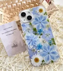 万華鏡紫陽花とネモフィラの押し花スマホケース　※全機種対応