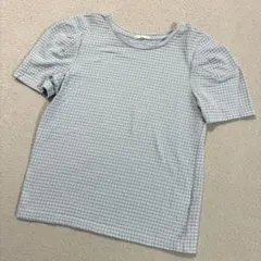 【GU】ギンガムチェックパフスリーブ　半袖Tシャツ　水色　S ワッフル素材のサムネイル