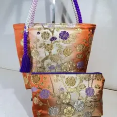 784帯リメイクバッグポーチセットオレンジにゴールドの梅