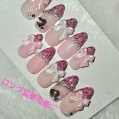 ネイルオーダー　ピンク　ヒョウ柄　リボン
