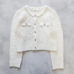 未使用に近い リリアンカラット ツイードニット カーディガン 金ボタン ホワイト