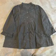 レディース フリルブラウス シャツ Aライン チュニック 刺繍 グレー