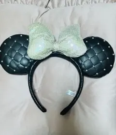 ミッキー耳カチューシャ 黒と白のキルティングデザイン