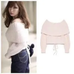 こじはる着用 オフショルレースアップニットプルオーバー