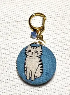 トラ猫★ブルー　マカロンポーチ　マカロンケース　キーホルダー　ハンドメイド