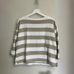 【お値下げ　無印良品】二重編み７分丈ボーダーカットソーM-L ホワイト×ベージュ
