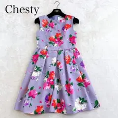 美品✨チェスティ 花柄 フレアワンピース タック有 ノースリーブワンピース 0