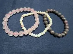 天然石ブレスレット3個セットローズクォーツ、ピンクオパール、ブラックロードライト