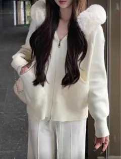 shein ファー付きニットパーカー　Mサイズ　アプリコット