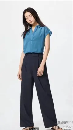 ユニクロUNIQLO タックワイドパンツ ネイビー 丈長め L