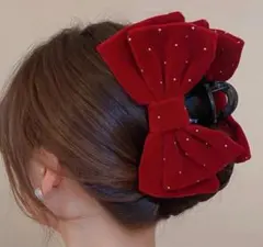 バンスクリップ　リボン　ベロア　パール　ヘアクリップ　韓国　バレッタブラック
