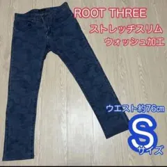 ROOT THREE ストレッチスリム　ジーンズ　デニム　インディゴ　Sサイズのサムネイル