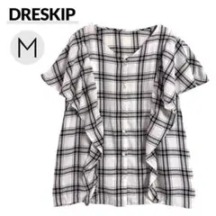 【美品】DRESKIP 半袖ブラウス M 白黒 チェック柄 フリル 麻混 リネンのサムネイル