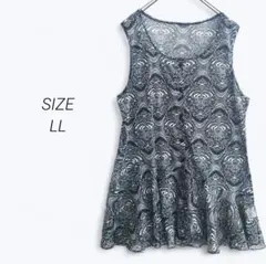 a4043▶ノースリーブチュニック【LL】シアー　ダマスク柄　総柄　モノクロ