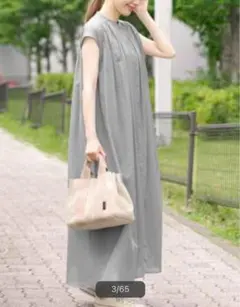 サニーレーベル　フレンチスリーブロングワンピース　グレー