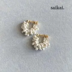 [1113]チェコガラスのつぶつぶフープイヤリング ホワイト ハンドメイド