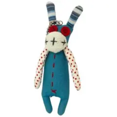 【美品】ハンドメイド キーホルダー パッチワーク うさぎ ブルー 手作り ボタン