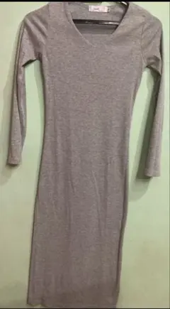 グレー Vネック 長袖 りふロングワンピース