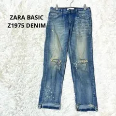 ザラベーシック ダメージ加工ストレートデニム パール装飾 フリンジ ジーパン